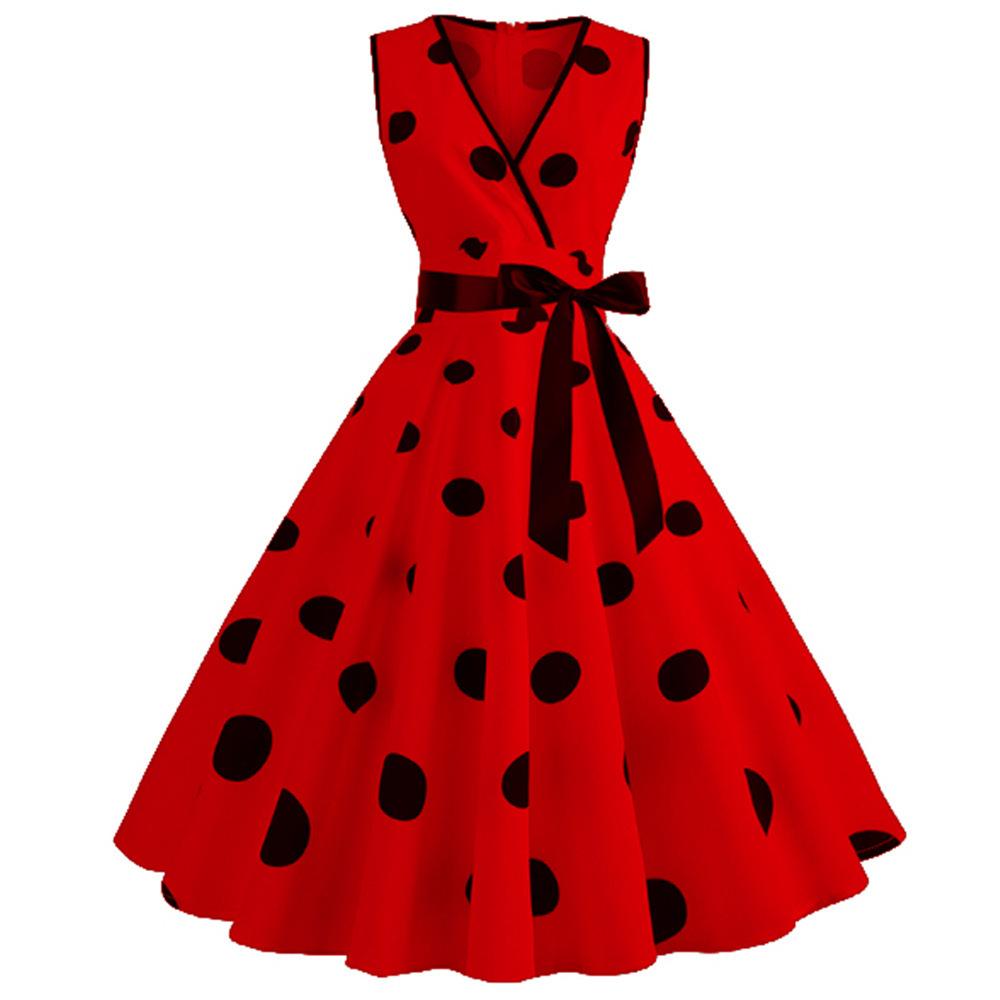 Casual Sleeveless Dot Print Vintage Dresses-Vintage Dresses-Red-S-Free Shipping Leatheretro