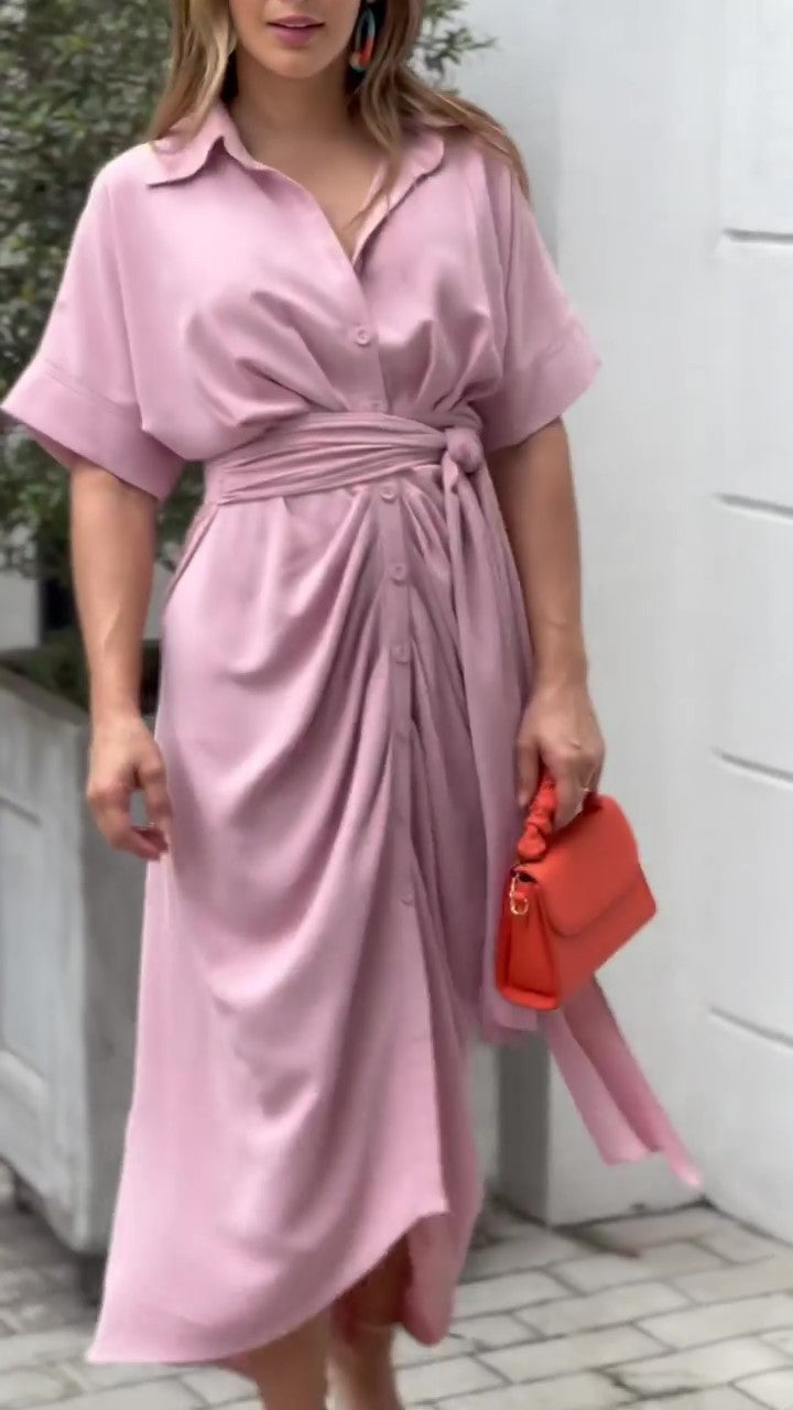 Summer Women Midi Length Shirts Dresses-Dresses-Pink-S-Free Shipping Leatheretro