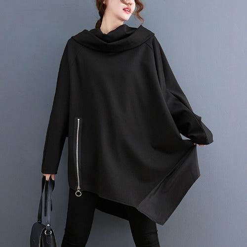 Black Pullover Long Sleeves Irregular Hoodies for Women-Shirts & Tops-Black-One Size-Free Shipping Leatheretro