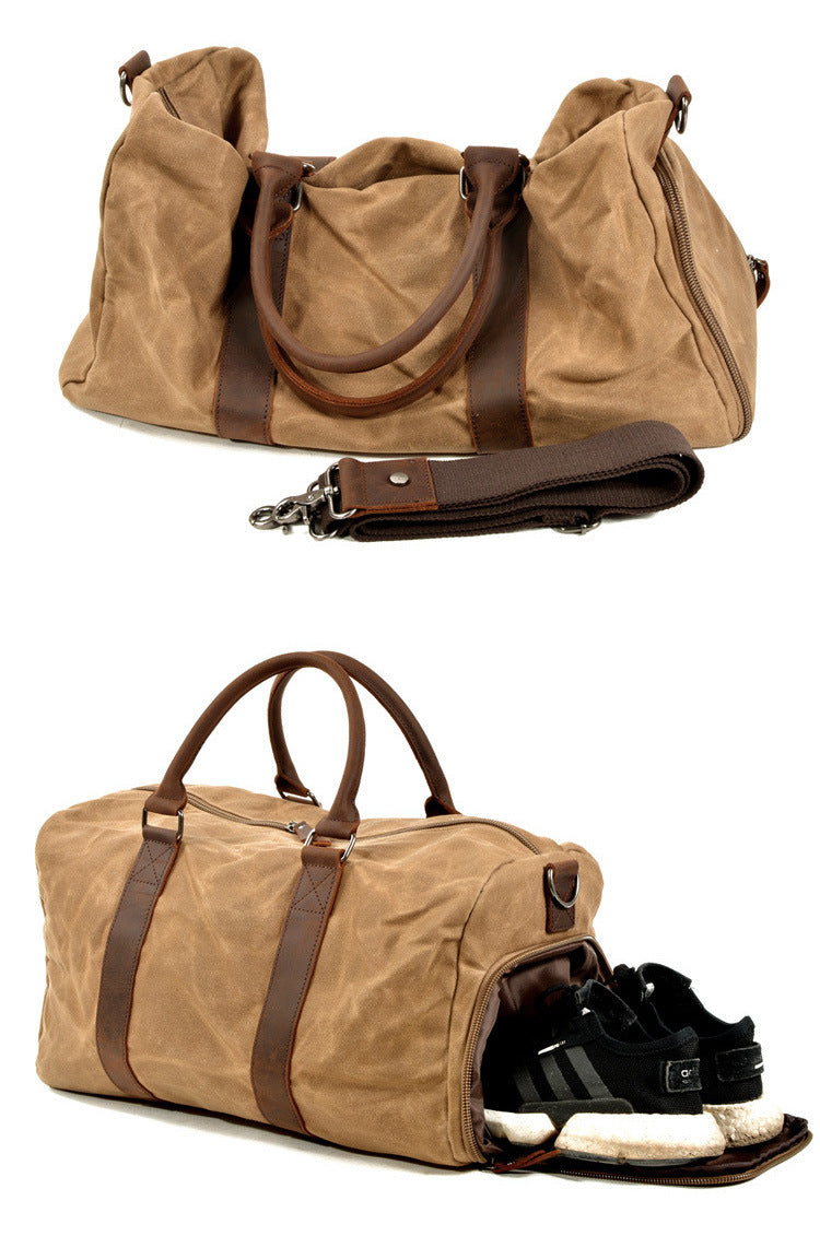 Men's Canvas Leather Bags for Traveling 6061-Canvas weekend bags-Khaki-Free Shipping Leatheretro