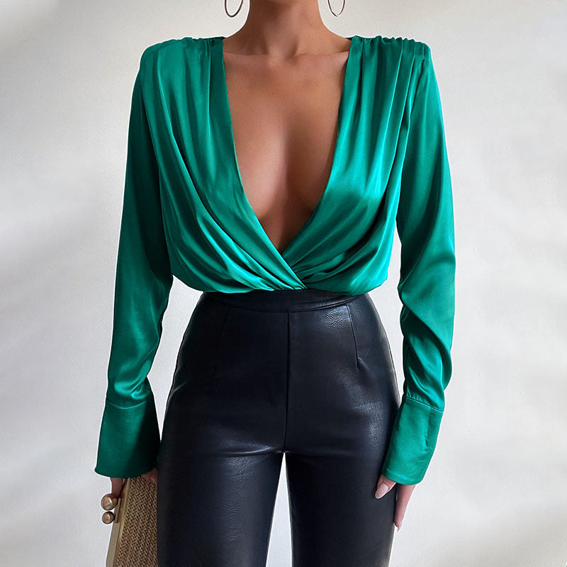 Sexy Deep V Neck Long Sleeves Shirts Jumpsuits-Shirts & Tops-Green-S-Free Shipping Leatheretro