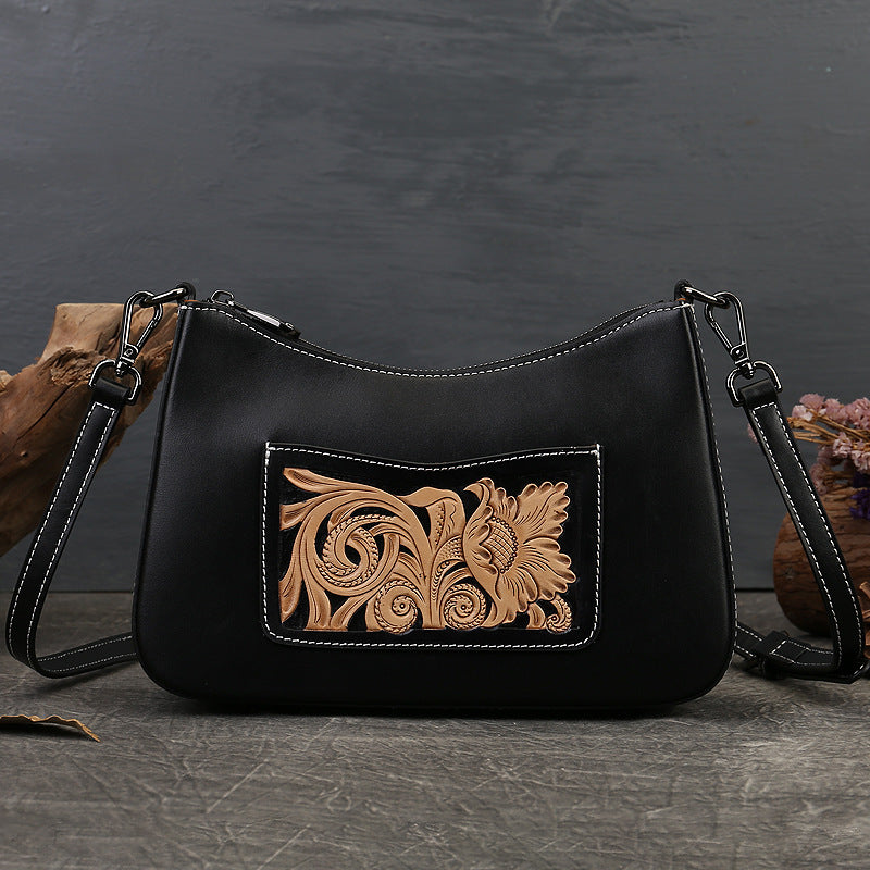 Vintage Engraved Cowhide Leather Shoulder Bags 9086-Handbags-Black-Free Shipping Leatheretro