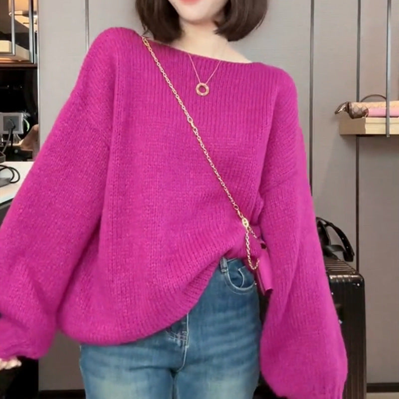 Colorful Long Sleeves Knitted Pullover Sweaters-Shirts & Tops-Rose Red-One Size 45-65kg-Free Shipping Leatheretro