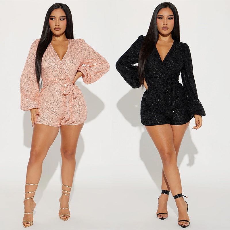 Sexy V Neck Sequined Long Sleeves Short Jumpsuit-Dresses-Black-S-Free Shipping Leatheretro