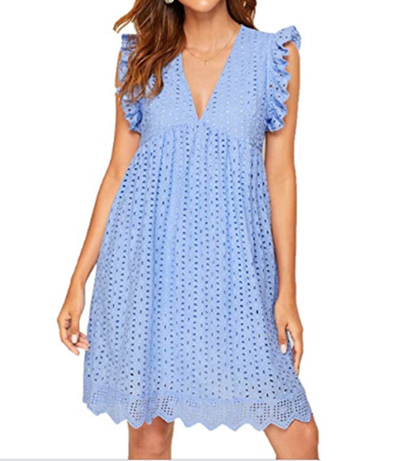 Summer Lace Hollow Out Sleeveless Daily Sun Dresses-Dresses-Light Blue-S-Free Shipping Leatheretro