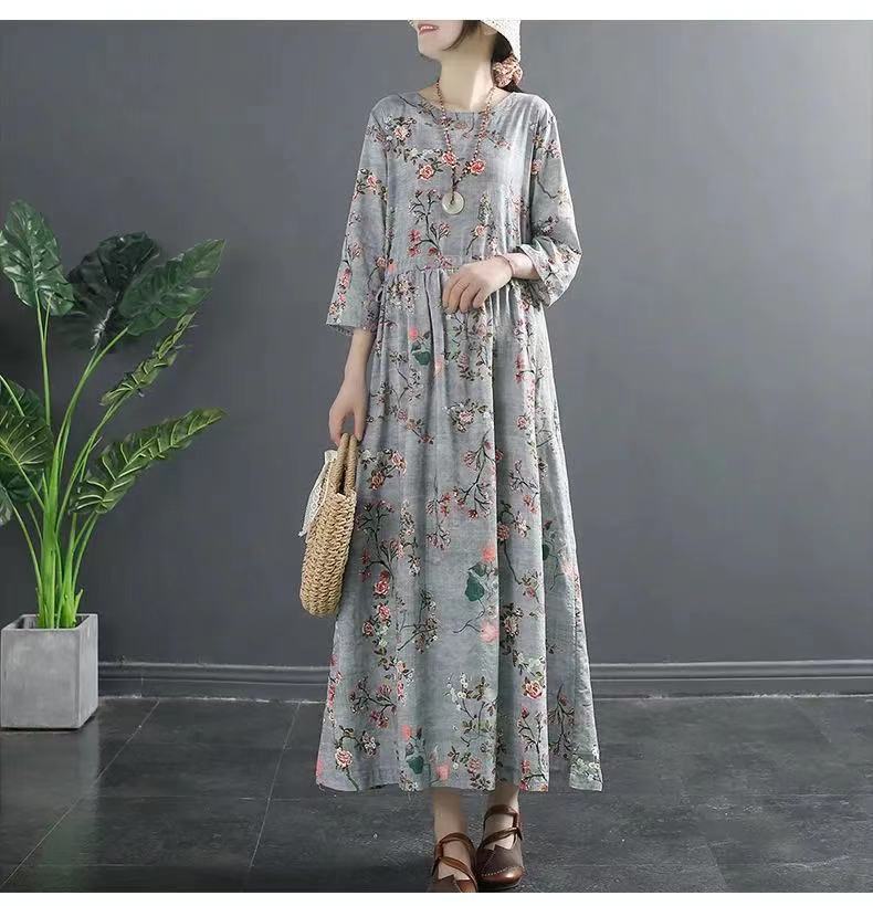 Vintage Cotton Women Plus Sizes Long Dresses-Dresses-Gray-M-Free Shipping Leatheretro