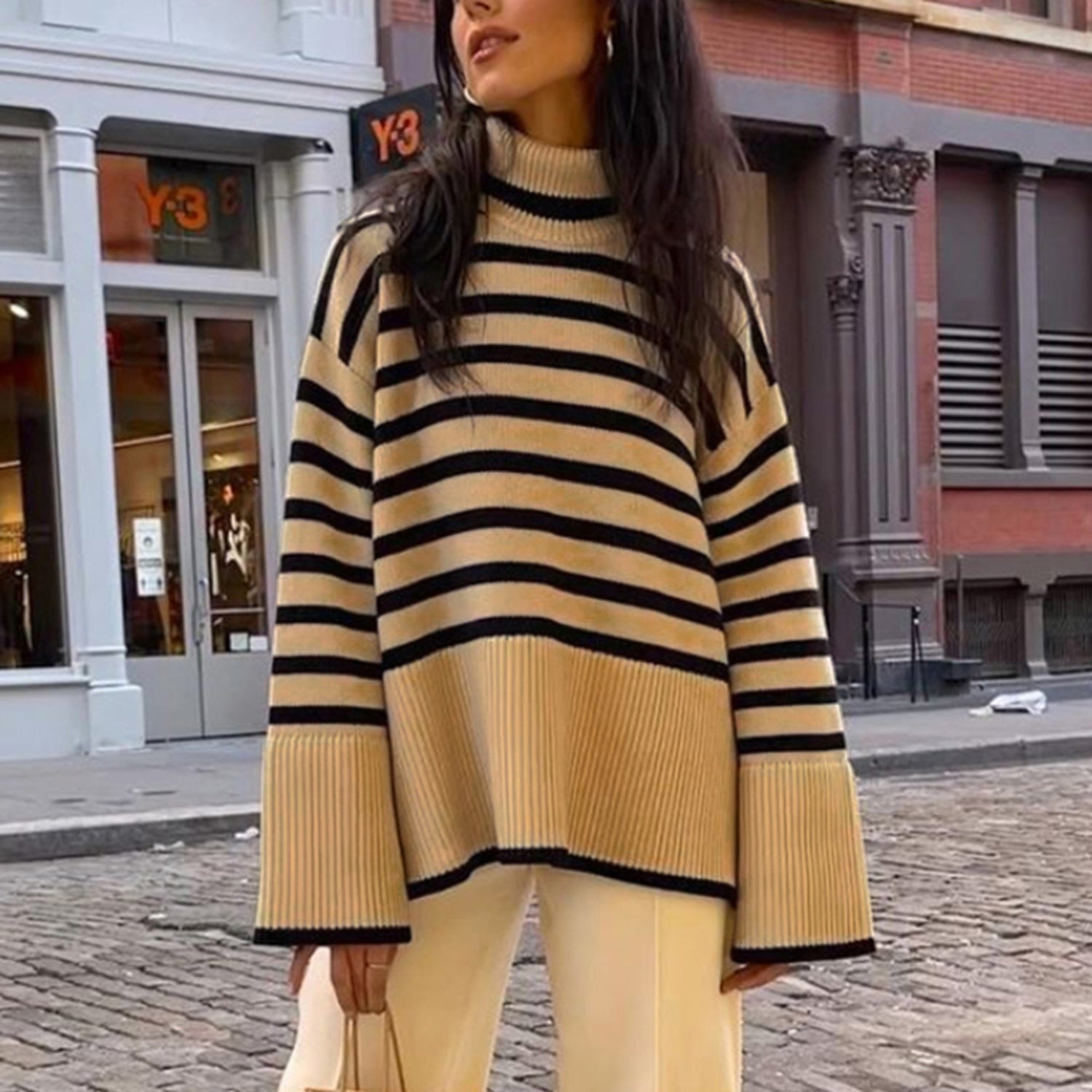 Fashion High Neck Striped Pullover Sweaters-Shirts & Tops-Black Stripe-S-Free Shipping Leatheretro