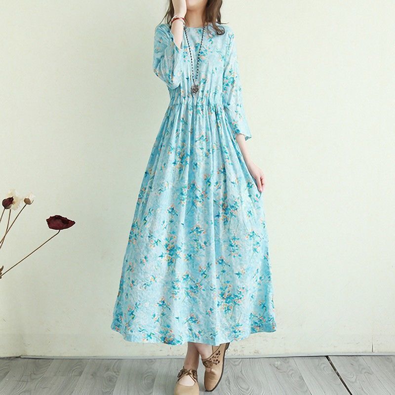 Vintage Cotton Women Plus Sizes Long Dresses-Dresses-Gray-M-Free Shipping Leatheretro