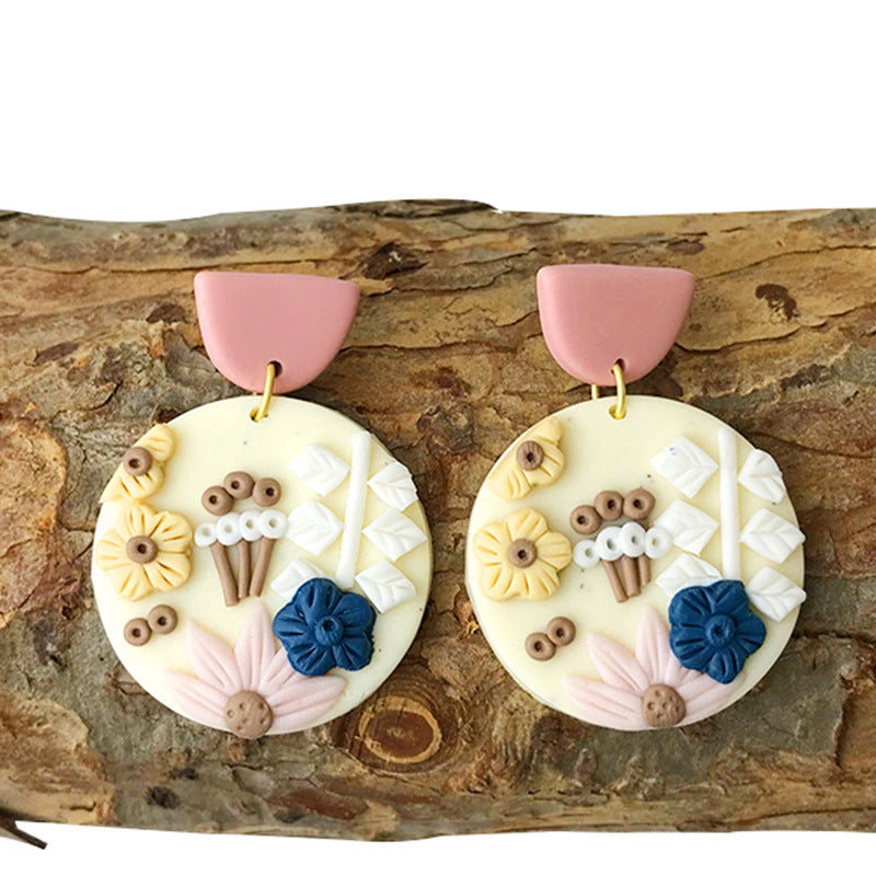 Engraved Flowers Handmade Clay Earrings for Women-Earrings-2-Free Shipping Leatheretro