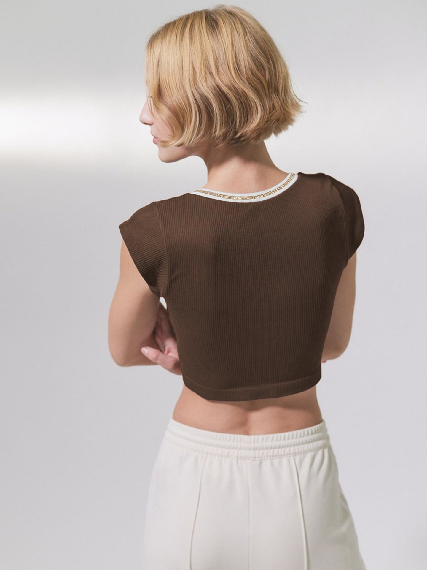 Sexy Designed Midriff Baring Knitted T Shirts-Shirts & Tops-Coffee-XS-Free Shipping Leatheretro
