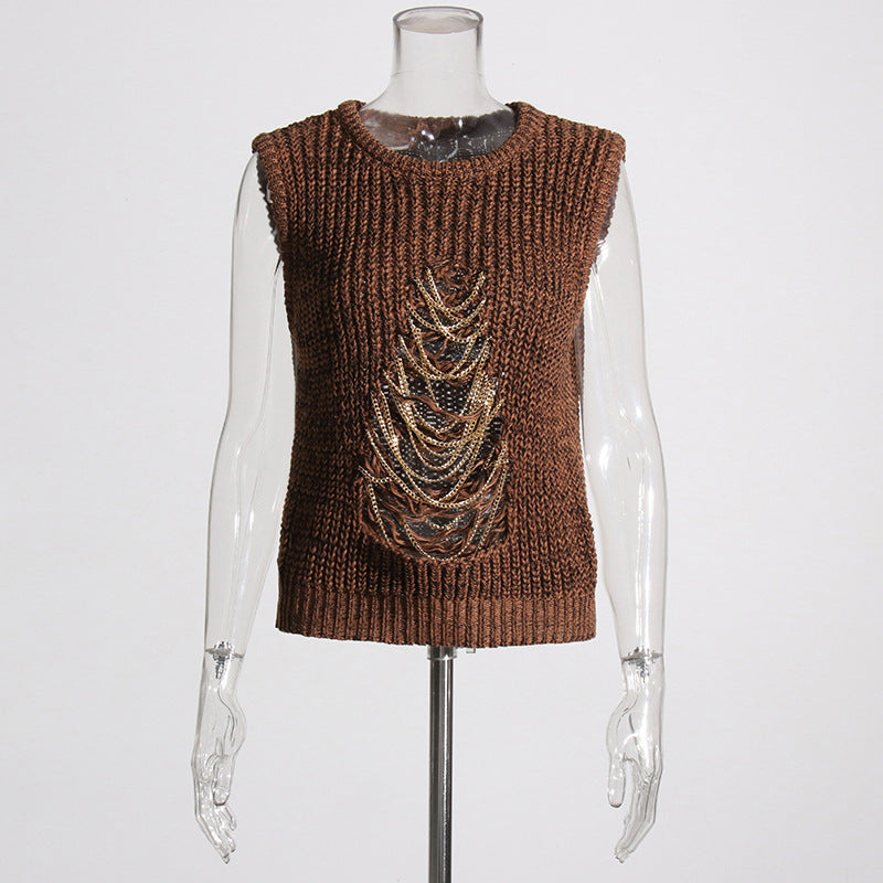 Vintage Brown Knitted Tank Top Vest for Women-Shirts & Tops-Brown-S-Free Shipping Leatheretro