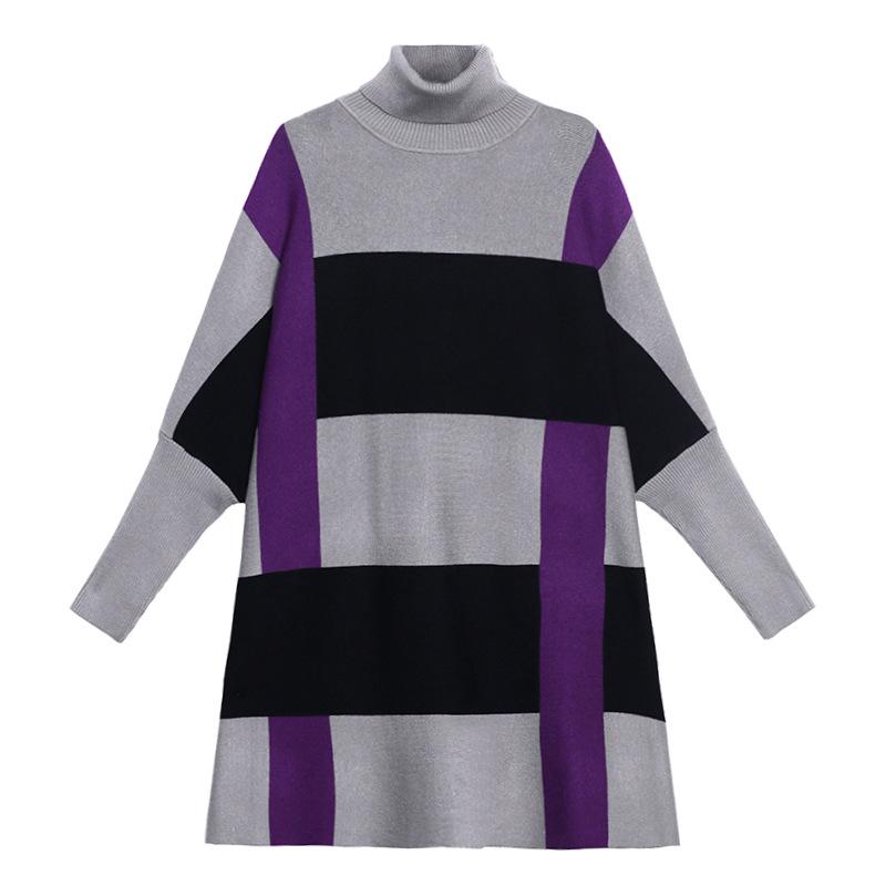 Women Turtleneck Plaid Plus Sizes Knitting Sweaters-Purple-One Size-Free Shipping Leatheretro