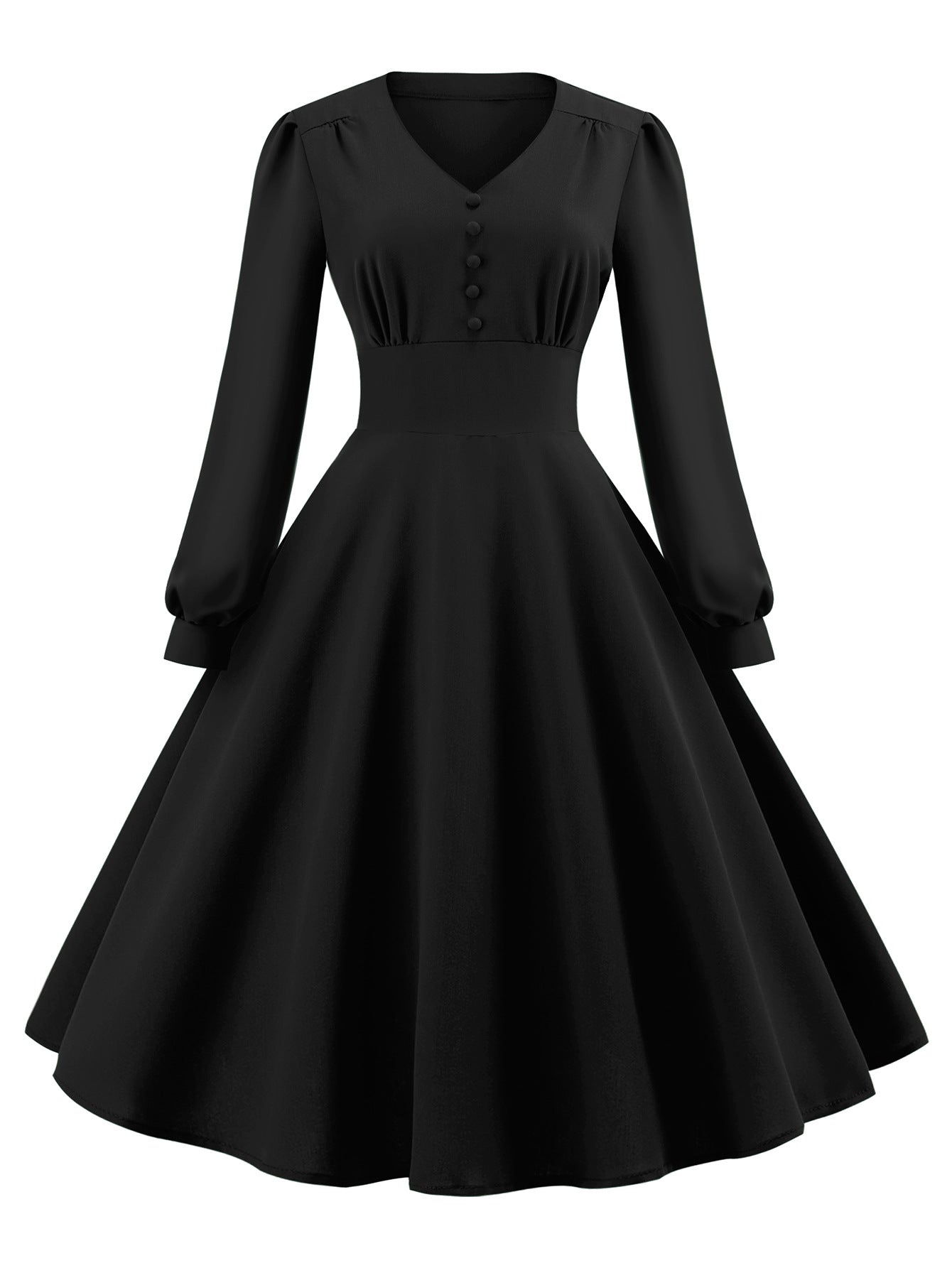 Vintage Long Sleeves Dresses with Button-Dresses-Black-S-Free Shipping Leatheretro