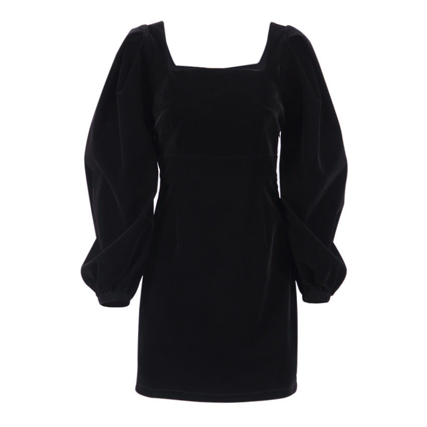 Women Puff Sleeves Black Fall Short Dresses-Dresses-Black-S-Free Shipping Leatheretro