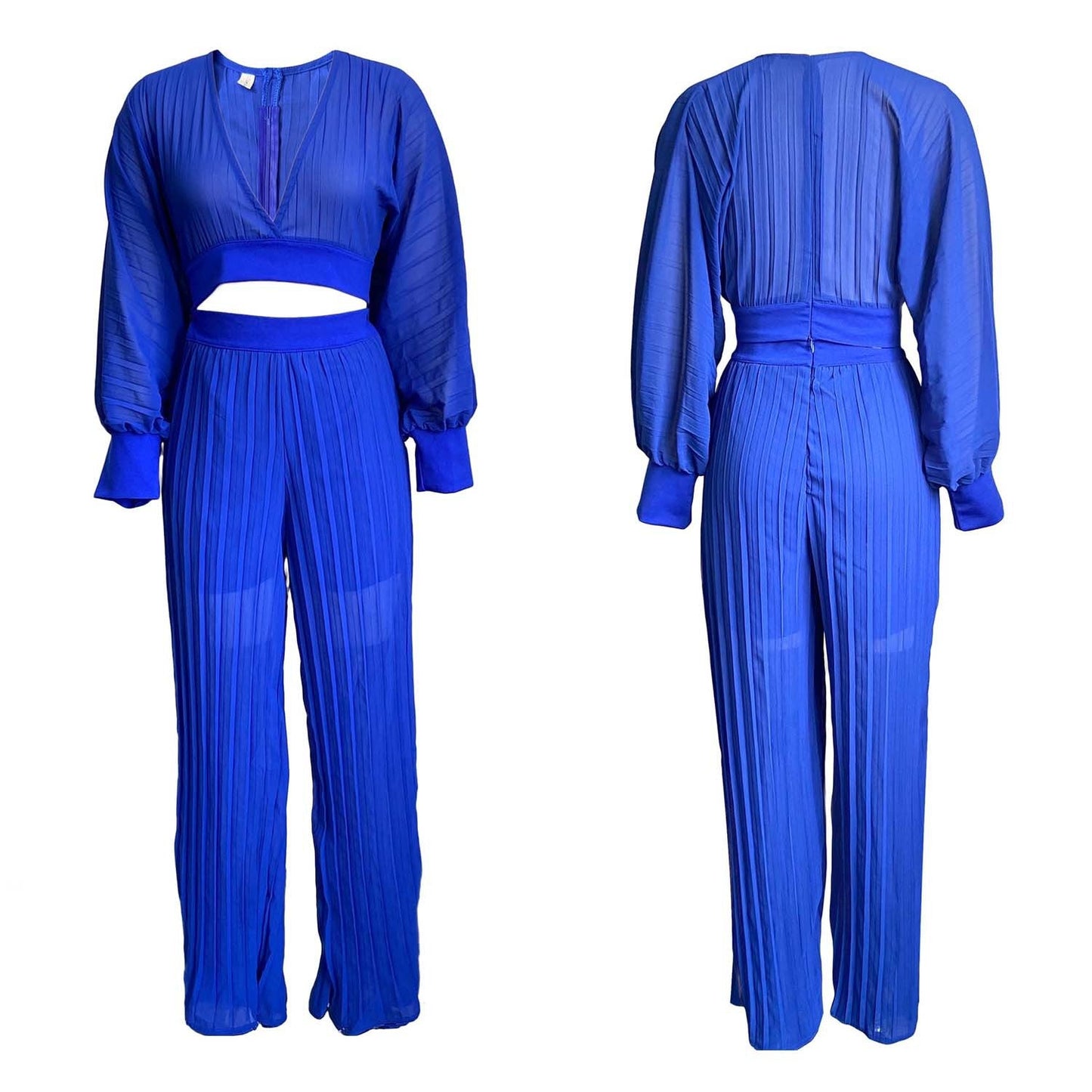 Sexy Women Two Pieces Long Sleeves Short Tops and Wide Legs Pants-Suits-Blue-S-Free Shipping Leatheretro