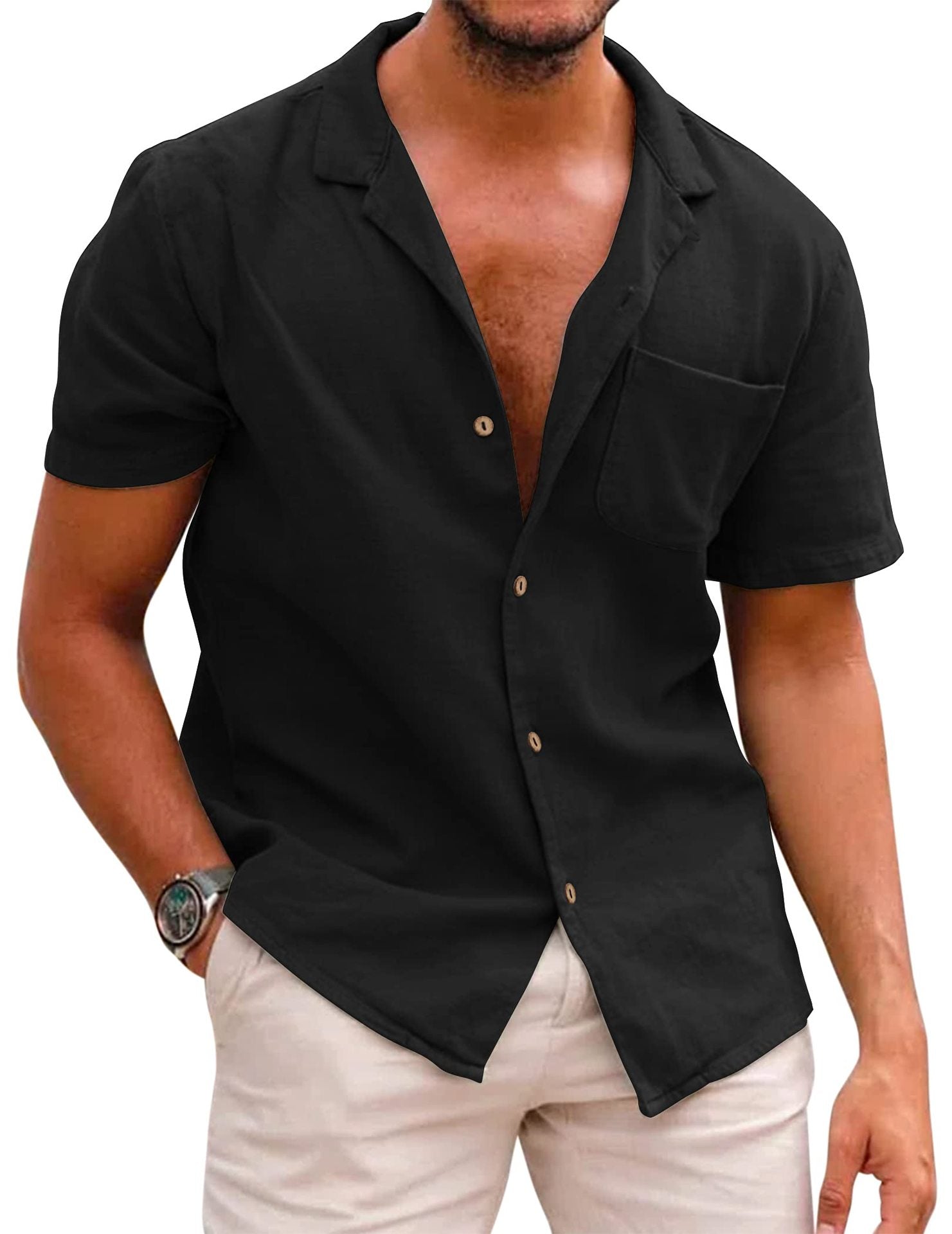 Casual Linen Short Sleeves Shirts for Men-Shirts & Tops-Black-S-Free Shipping Leatheretro