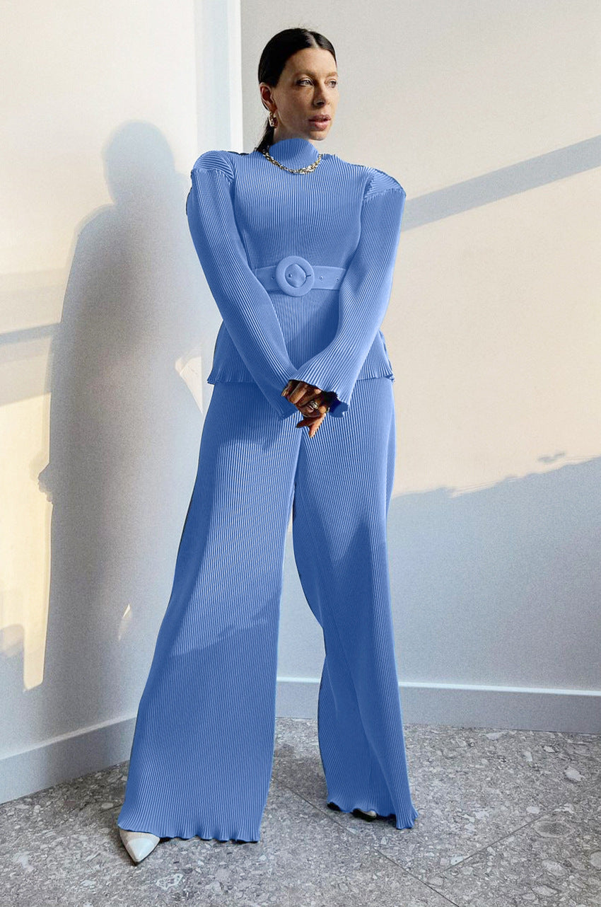 Luxury Spring Stand Collar Women Suits with Belt-Suits-Blue-S-Free Shipping Leatheretro