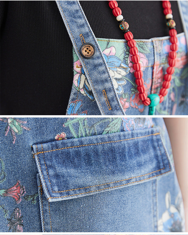 Casual Floral Print Women Denim Suspender Pants-Pants-The same as picture-L-Free Shipping Leatheretro