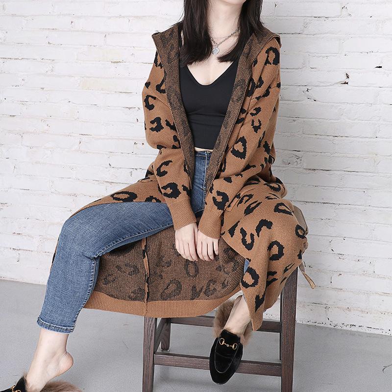New Leopard Casual Knitting Cardigan Overcoats-Women Overcoat-Dark Khaki-M-Free Shipping Leatheretro