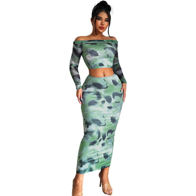 Sexy Off The Shoulder T Shirts and Sheath Skirts Two Pieces Sets-Dresses-Green-S-Free Shipping Leatheretro