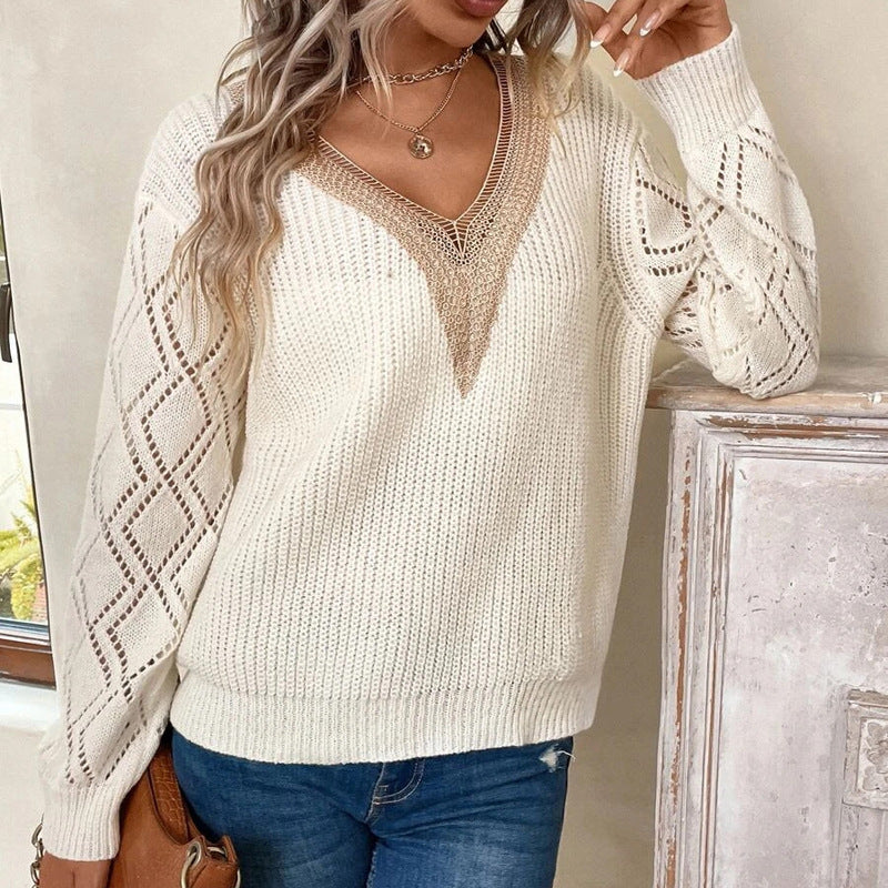 Casual V Neck Knitted Pullover Sweaters-Shirts & Tops-White-S-Free Shipping Leatheretro