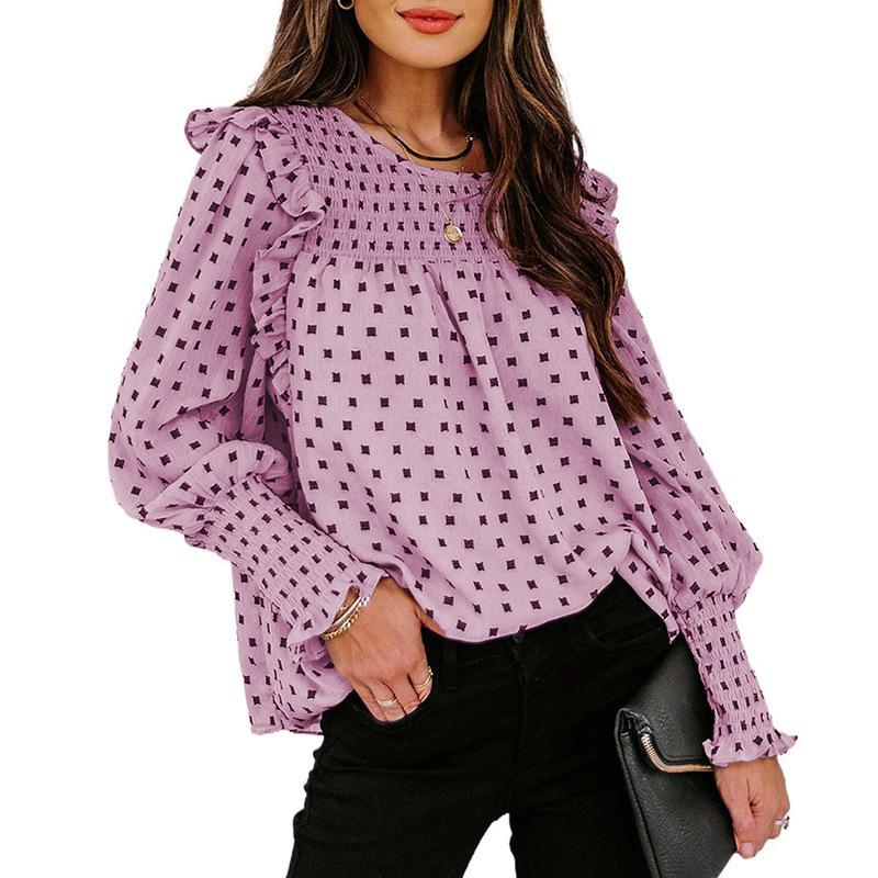 Women Ruffled Dot Print Chiffon Tops Blouses-Shirts & Tops-White-S-Free Shipping Leatheretro