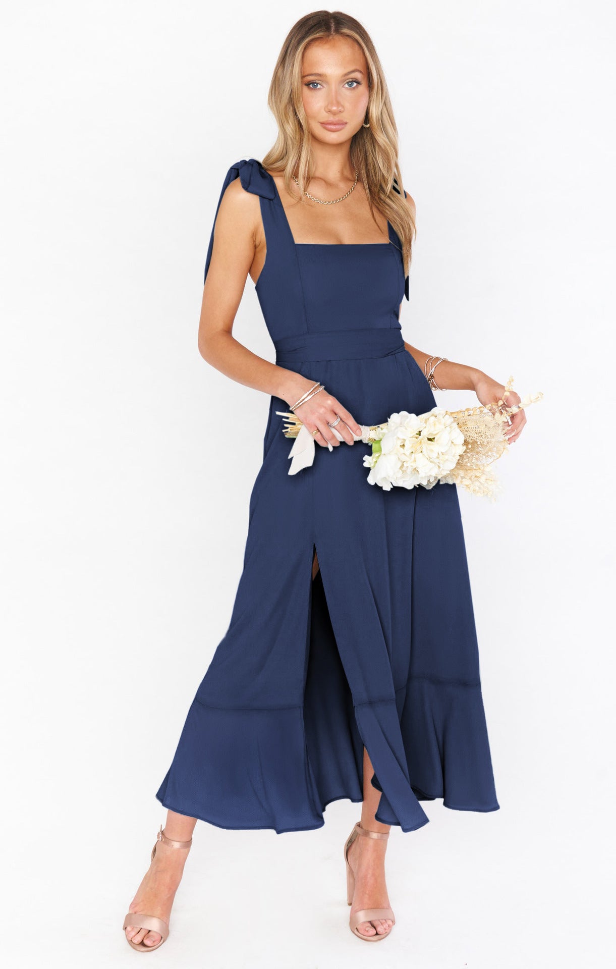Fashion Summer Split Front Midi Dresses for Women-Dresses-Navy Blue-S-Free Shipping Leatheretro