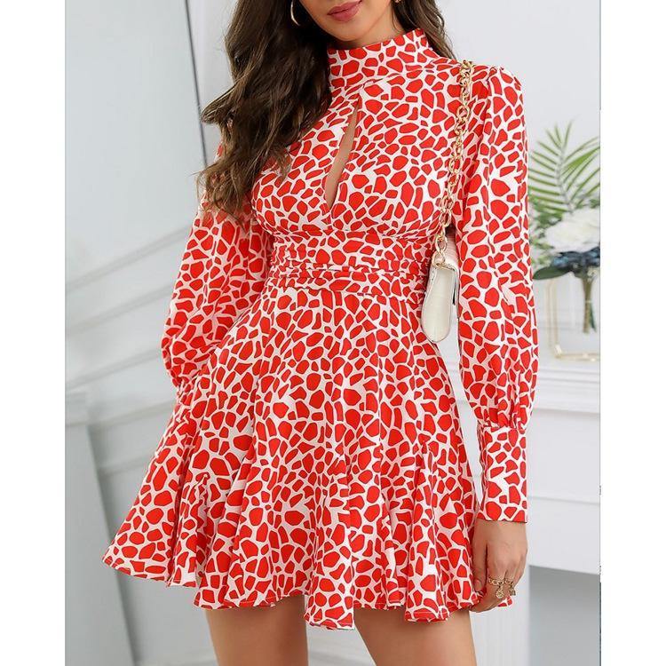 Women Summer Long Sleeves Floral Print Dresses-Mini Dresses-Red-S-Free Shipping Leatheretro