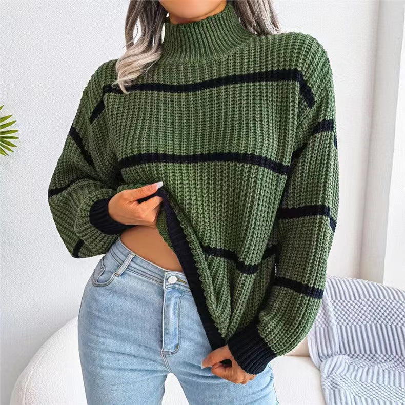 Fashion Striped High Neck Knitted Pullover Sweaters-Shirts & Tops-White-One Size-Free Shipping Leatheretro