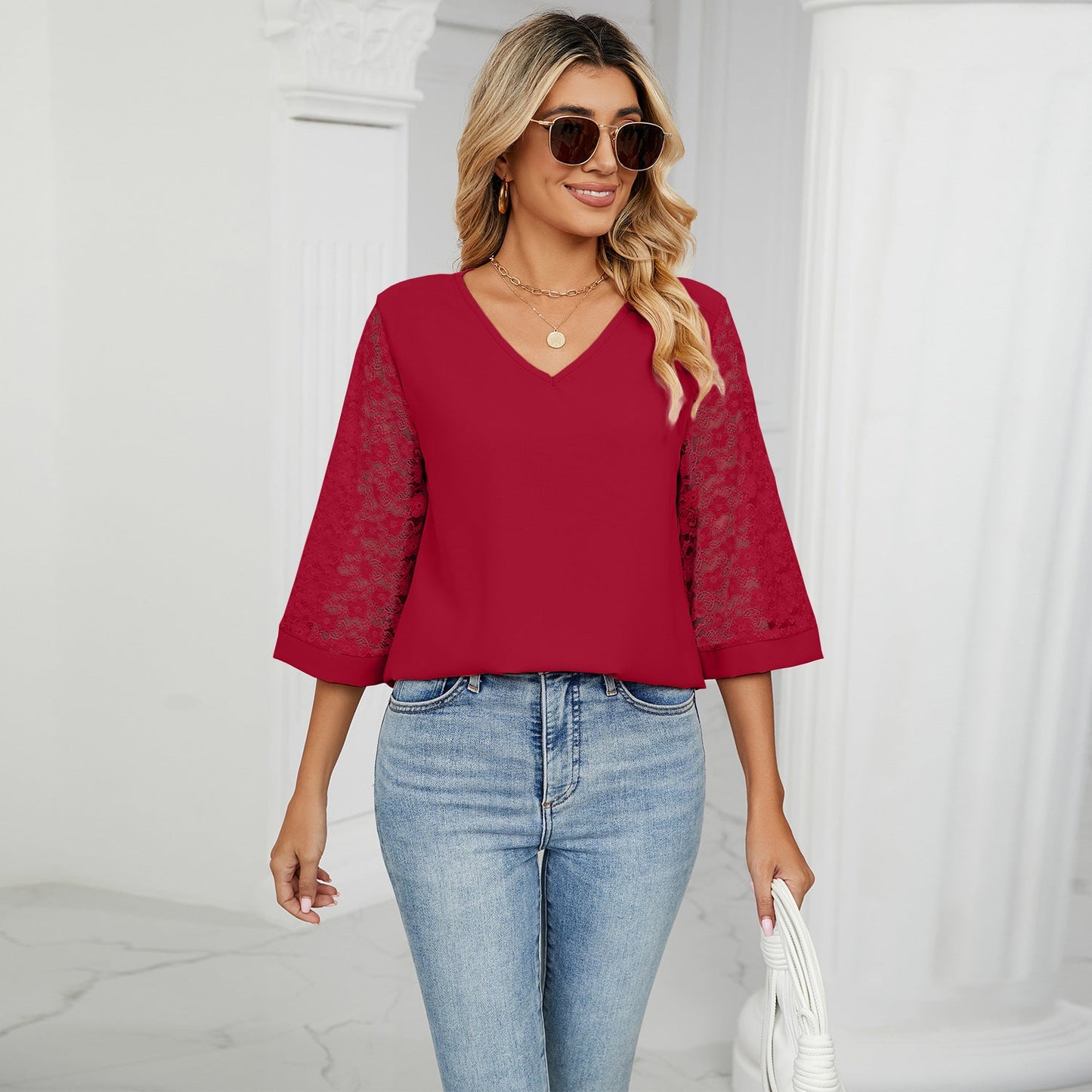 Fashion Summer Chiffon 3/4 Sleeves Women Blouses-Shirts & Tops-Red-S-Free Shipping Leatheretro
