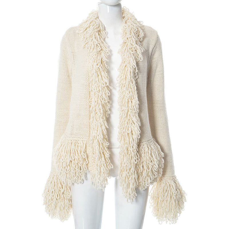 Fashion Long Sleeves Tassels Knitted Sweaters-Outerwear-Apricot-S-Free Shipping Leatheretro