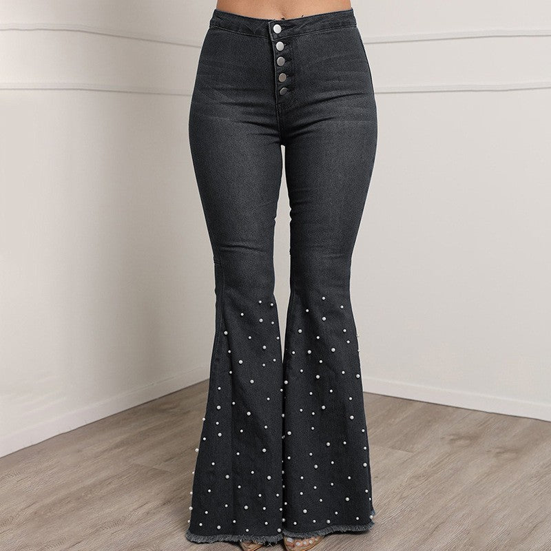 Casual Beaded Women Trumpet Jeans-Pants-Gray-S-Free Shipping Leatheretro
