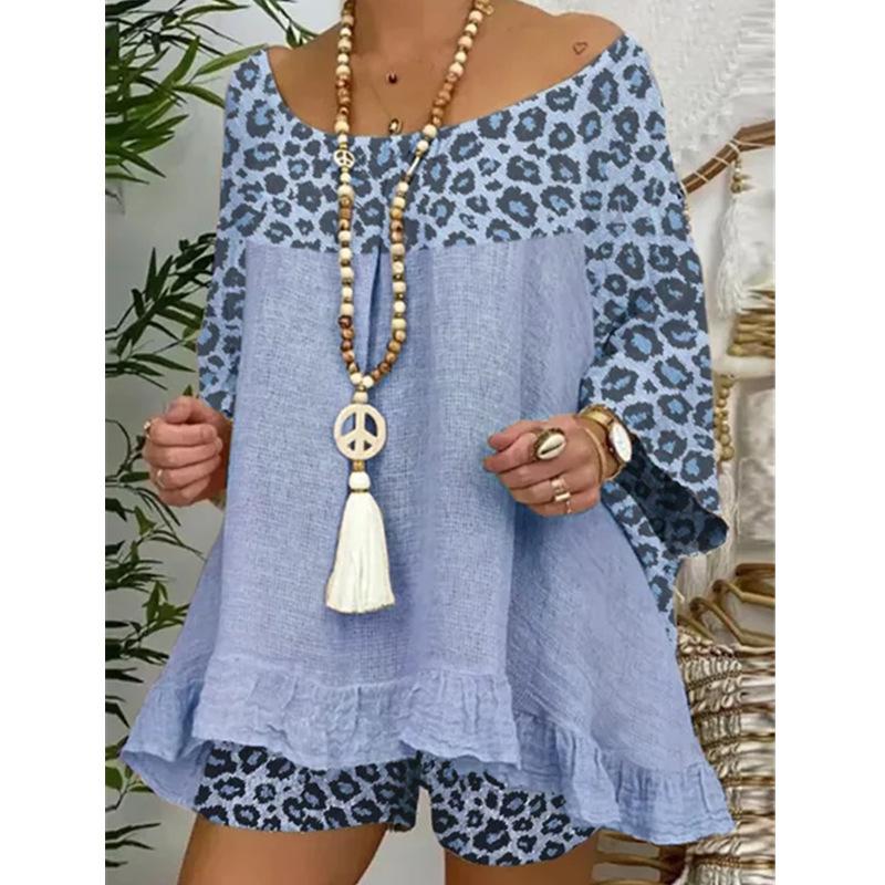Plus Size Summer Leopard Linen Blouses&Shorts Suits-Shirts&Blouses-White-S-Free Shipping Leatheretro