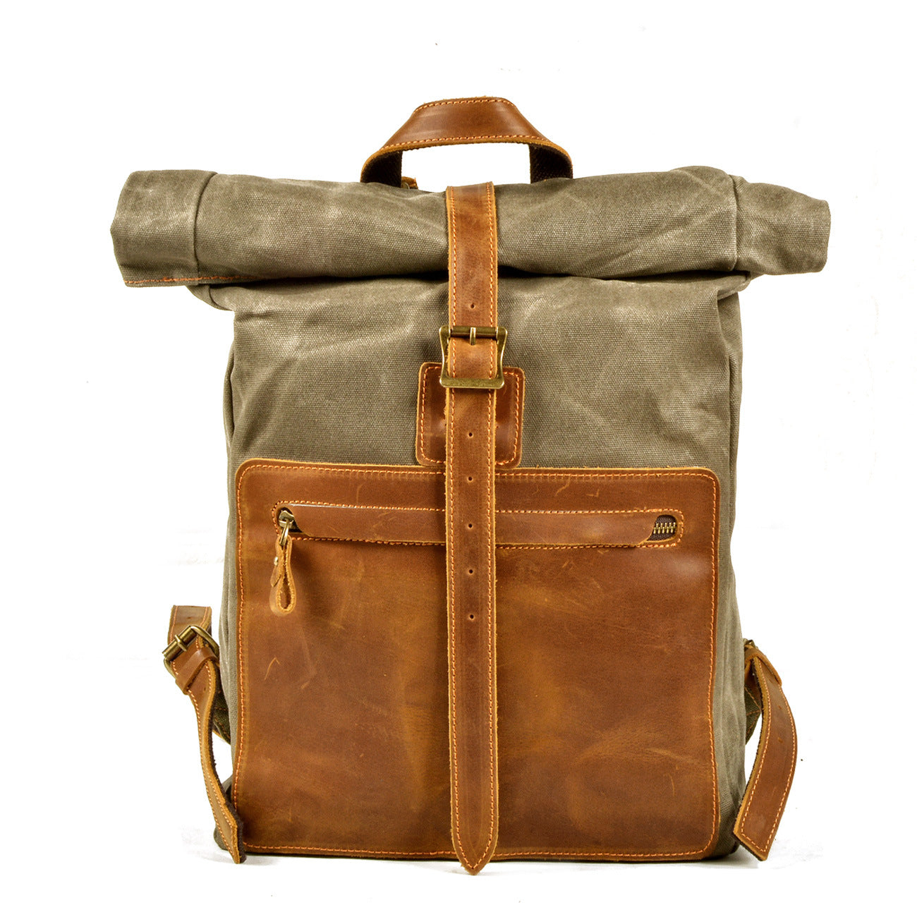 Vintage Leather Waxed Canvas Backpack-Army Green-Free Shipping Leatheretro
