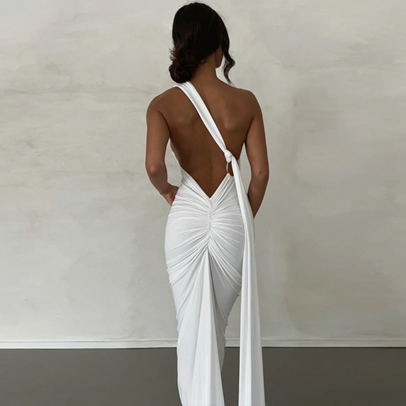 Sexy One Shoulder Sleeveless Long Evening Party Dresses-Dresses-White-S-Free Shipping Leatheretro