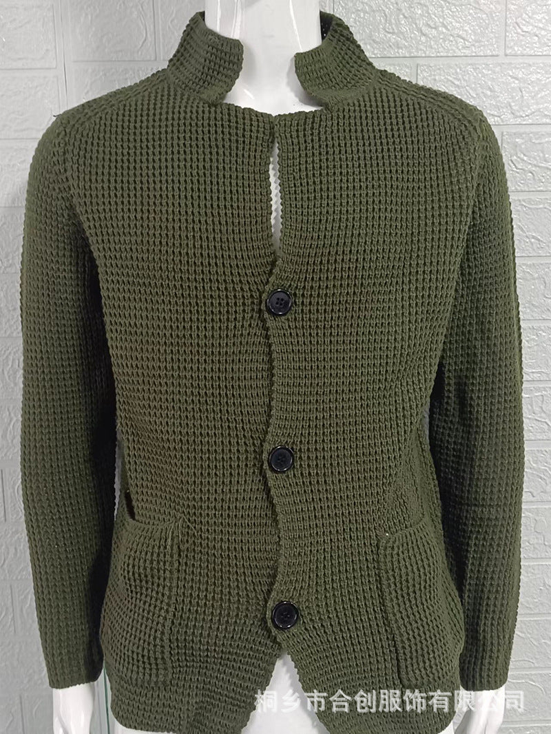 Casual Stand Collar Plus Sizes Knitted Cardigan Sweaters for Men-Shirts & Tops-Army Green-S-Free Shipping Leatheretro