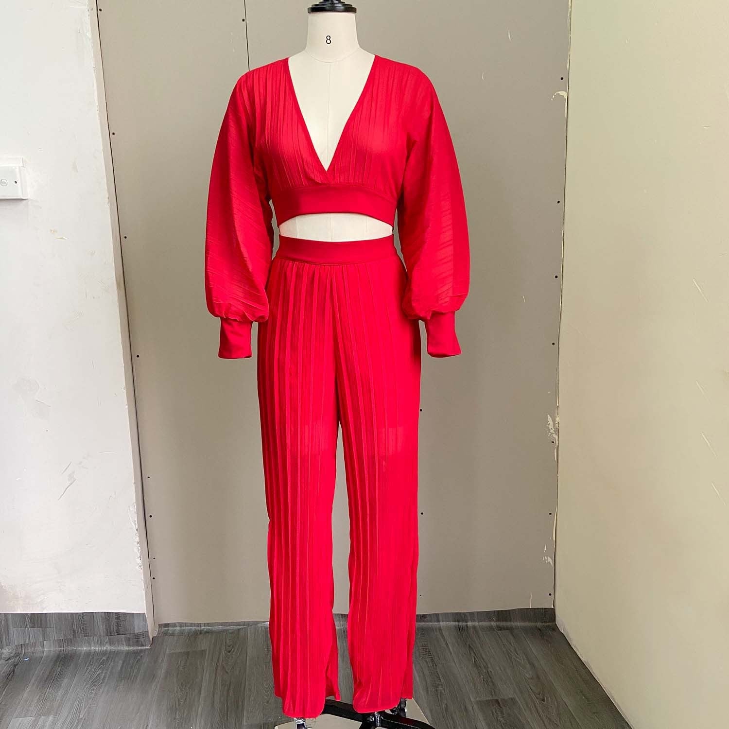 Sexy Women Two Pieces Long Sleeves Short Tops and Wide Legs Pants-Suits-Red-S-Free Shipping Leatheretro