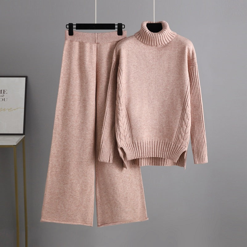 Casual Women Winter Turtleneck Sweaters and Pants Sets-Suits-Pink-One Size-Free Shipping Leatheretro