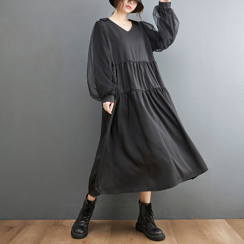Plus Sizes Tulle Long Sleeves Black Fall Dresses-Dresses-Black-L-Free Shipping Leatheretro