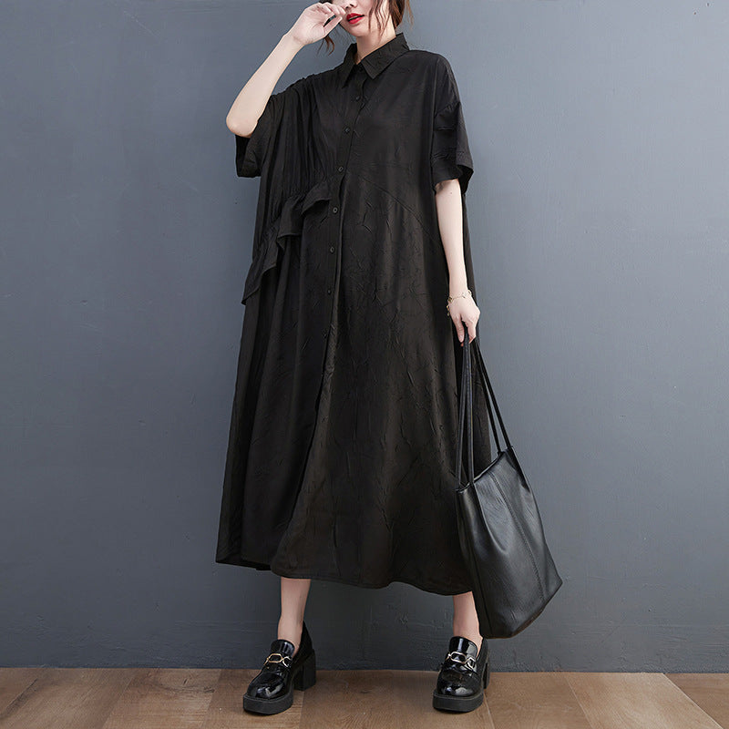 Summer Ruffled Plus Sizes Midi Shirts Dresses-Dresses-Black-One Size-Free Shipping Leatheretro