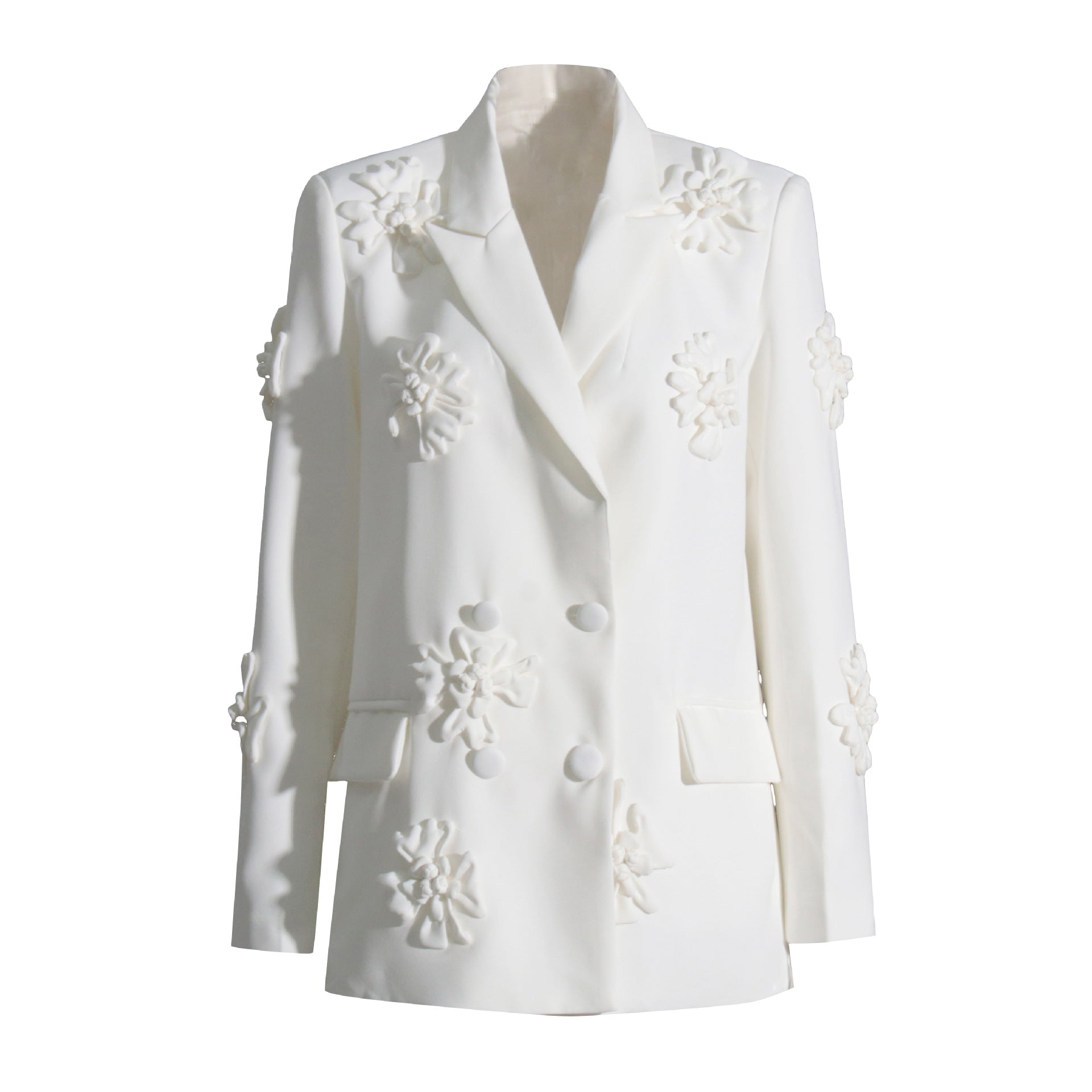Luxury Designed 3d Floral Blazers & Trumpet Pants-Suits-White Top-S-Free Shipping Leatheretro