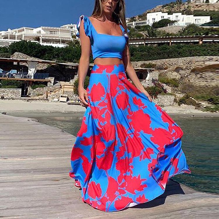 Straps Floral Print Tops&Skirt Sets-Boho Dresses-Red-S-Free Shipping Leatheretro