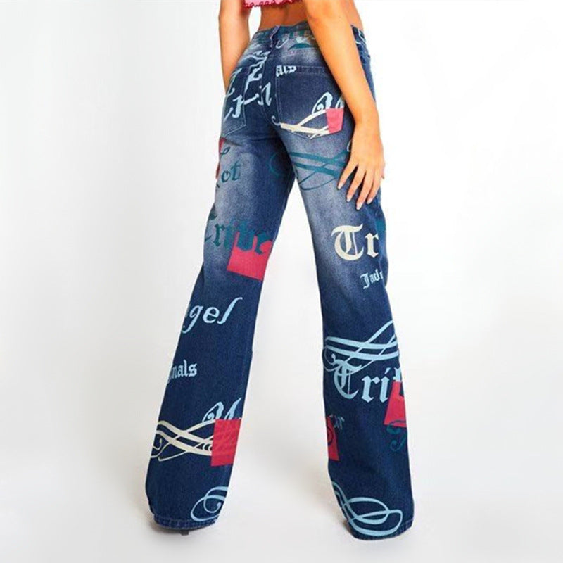 Casual Letter Print High Waist Pants-Pants-Blue-XS-Free Shipping Leatheretro