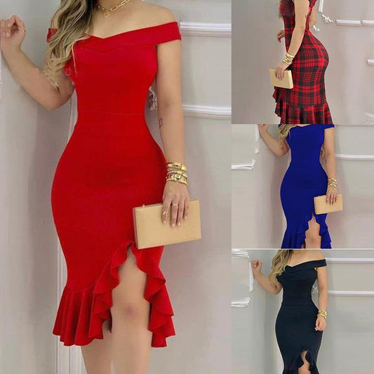 Sexy Off The Shoulder Ruffled Short Dresses-Sexy Dresses-Red-S-Free Shipping Leatheretro