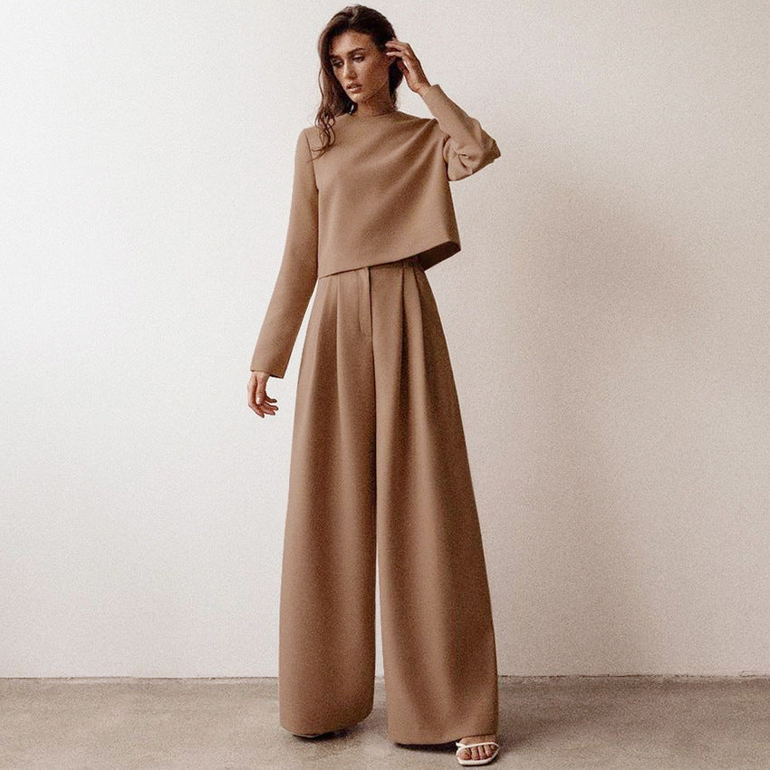 Casual Women Tops and Wide Leg Pants Two Pieces Suits-Suits-Brown-S-Free Shipping Leatheretro