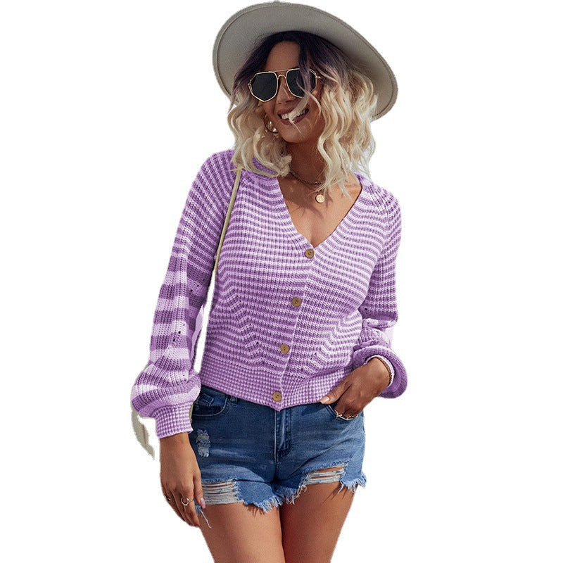 Casual Fall Knitted Striped Cardigan Coats for Women-Shirts & Tops-Purple-S-Free Shipping Leatheretro