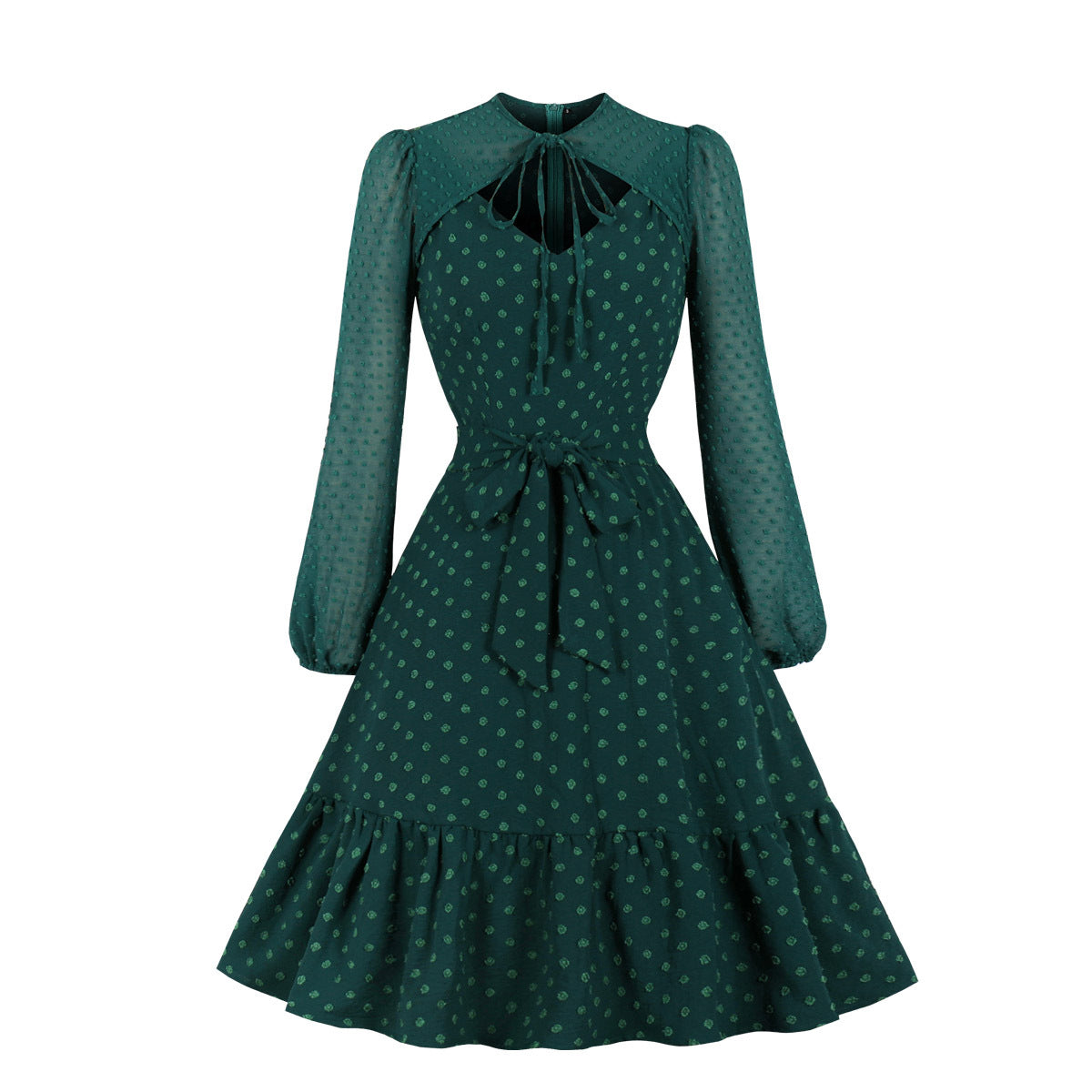 Elegant Tulle Ruffled Long Sleeves Dresses-Dresses-Green-S-Free Shipping Leatheretro