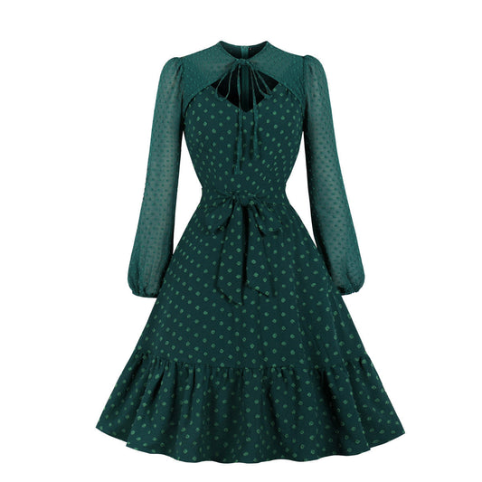 Elegant Tulle Ruffled Long Sleeves Dresses-Dresses-Green-S-Free Shipping Leatheretro