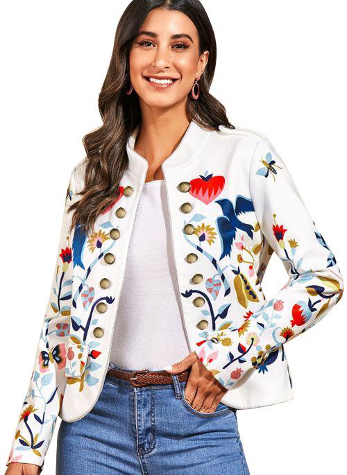 Classy Fashion Floral Print Carfigan Top Coats-Women Outerwear-White-S-Free Shipping Leatheretro