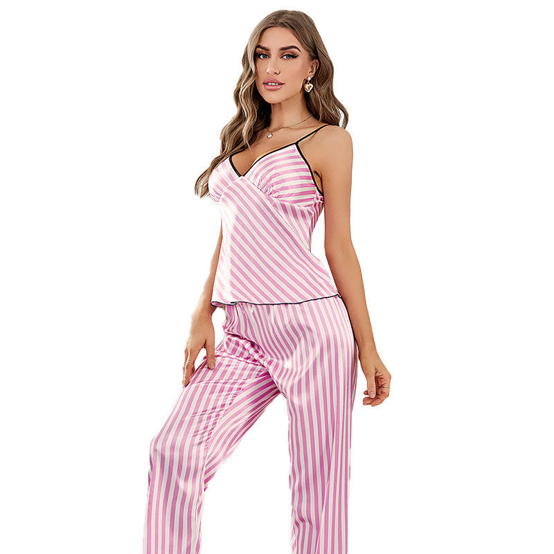 Summer Ice Silk Tank Tops & Pants Sleepwear-Sleepwear & Loungewear-Pink Striped-S-Free Shipping Leatheretro